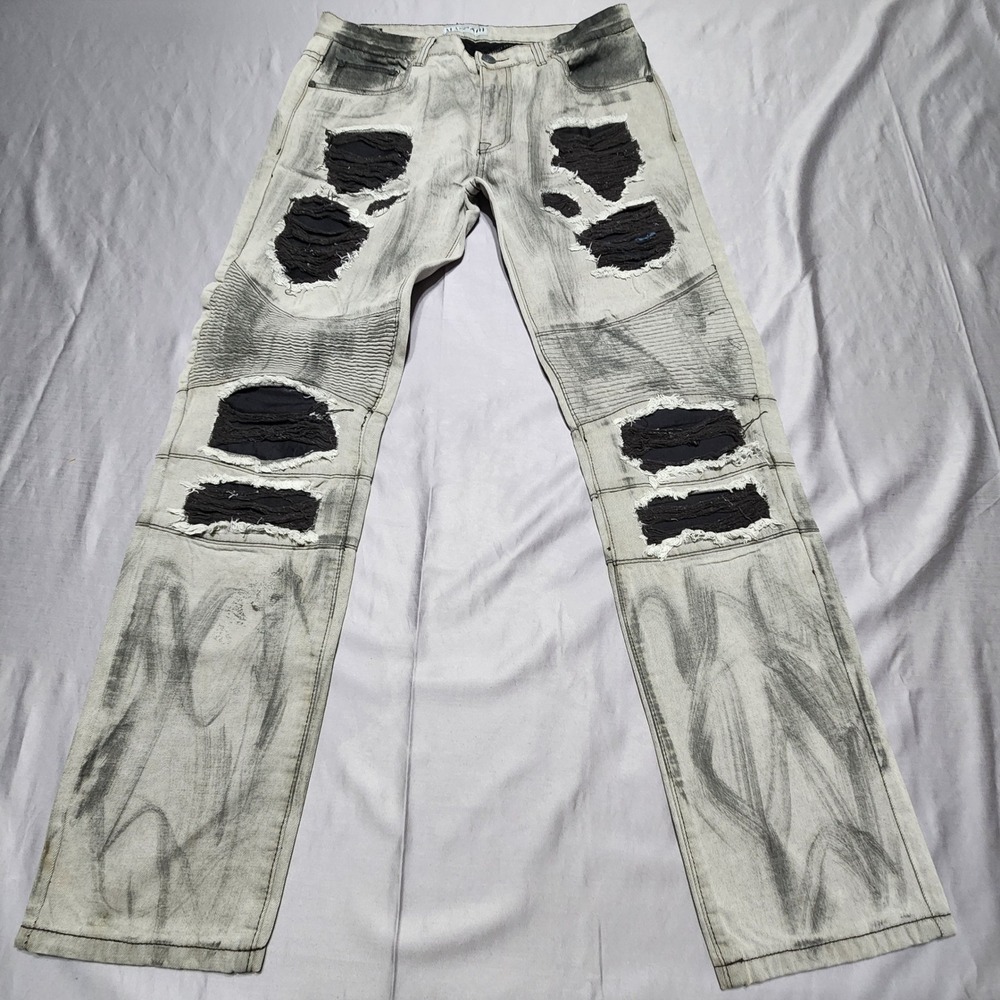 Ferrari Massari Mens Grey Distressed Biker Moto Jeans Ripped Denim Size 34x32